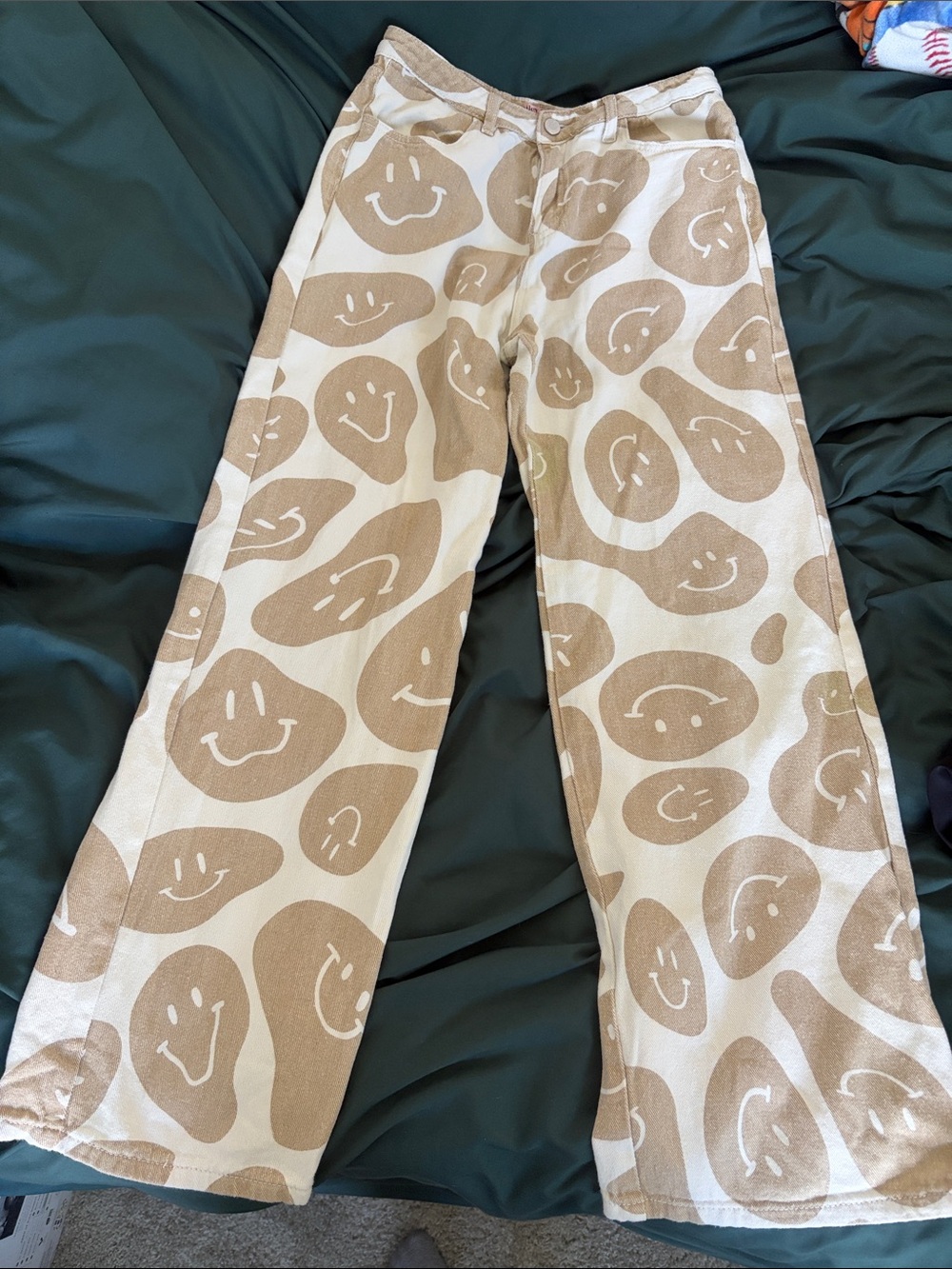 Women’s M Beige Smiley-Print Wide Leg Pants